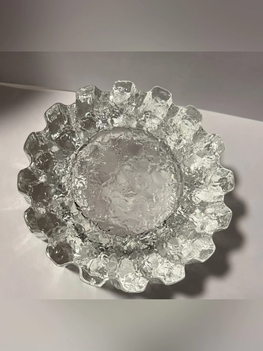 Pukeberg MCM Ice Glass Cog Wheel Candleholder Ashtray Brutalist Swedish Glows